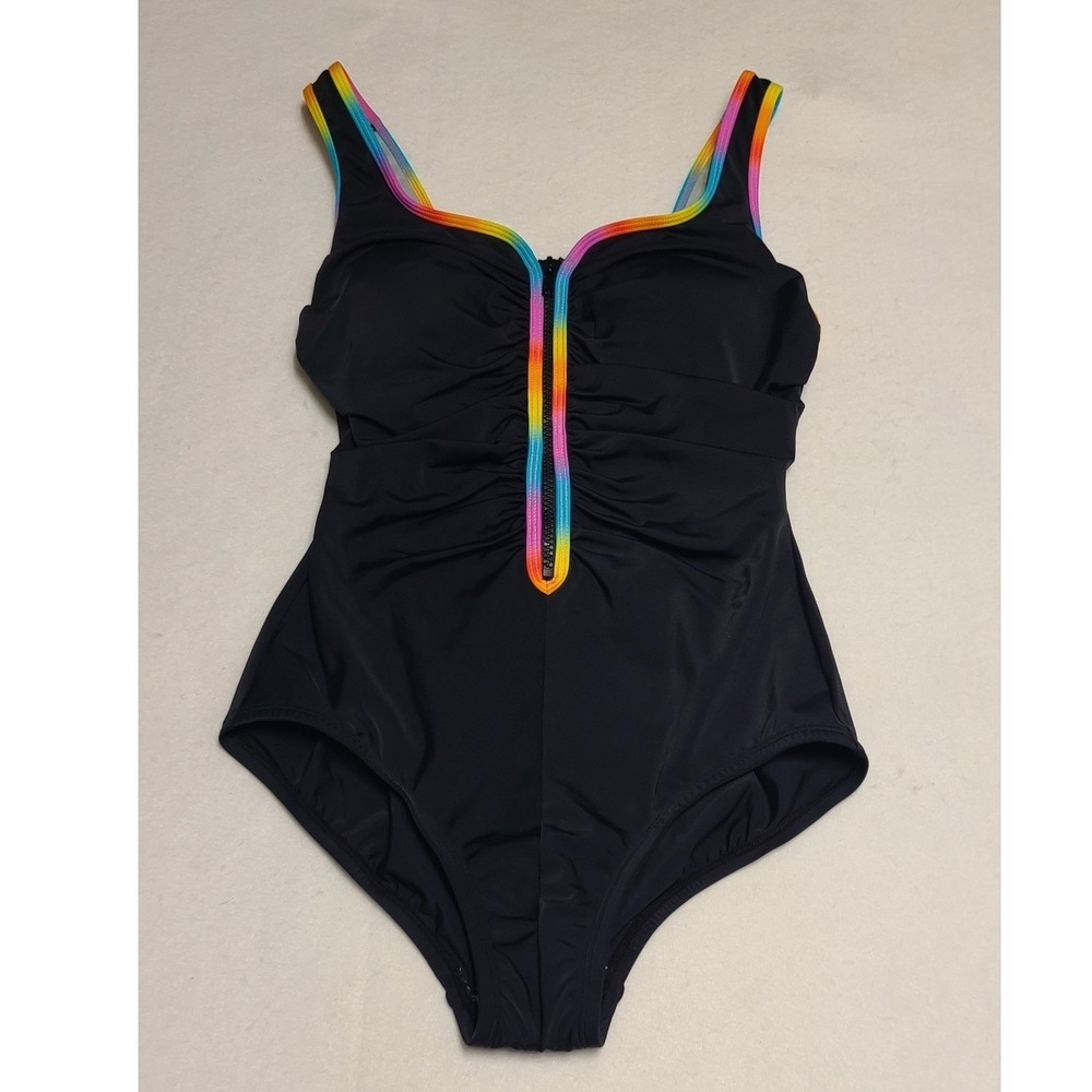ShapeSolver Sport Mimi Flamingo Black Rainbow Zip Front One Piece Swimsuit 6 NEW